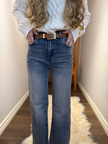 Yüksek Bel Bol Paça Mavi Jean Pantolon