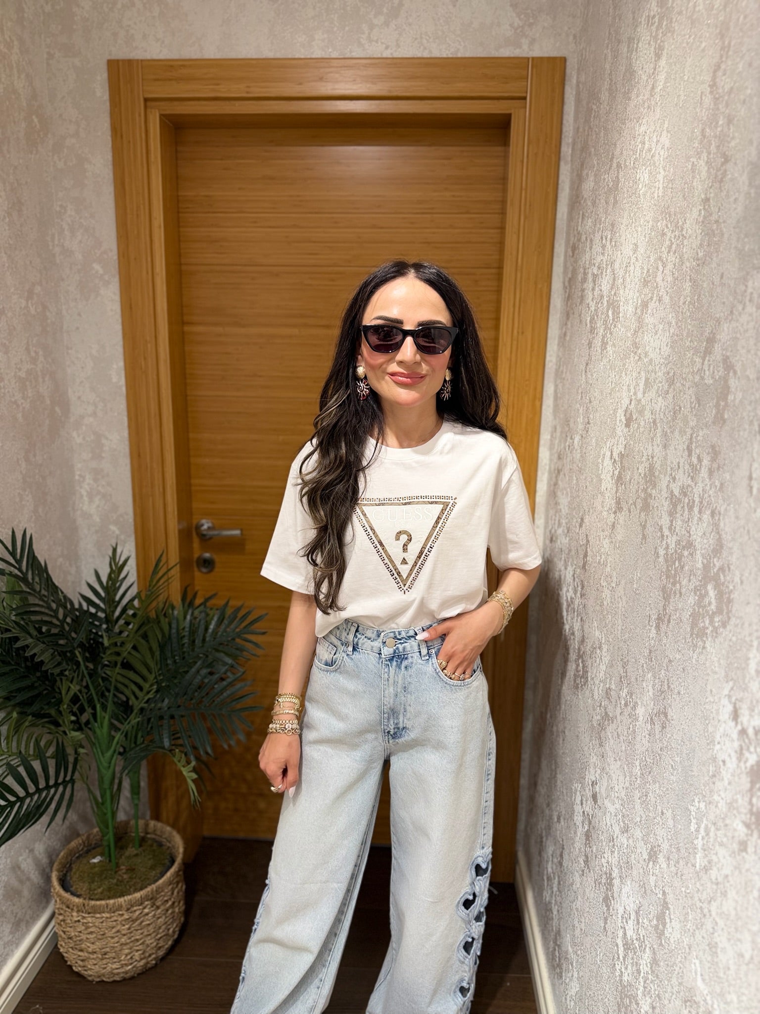 Kalp Detay Wide Leg Jean Pantolon