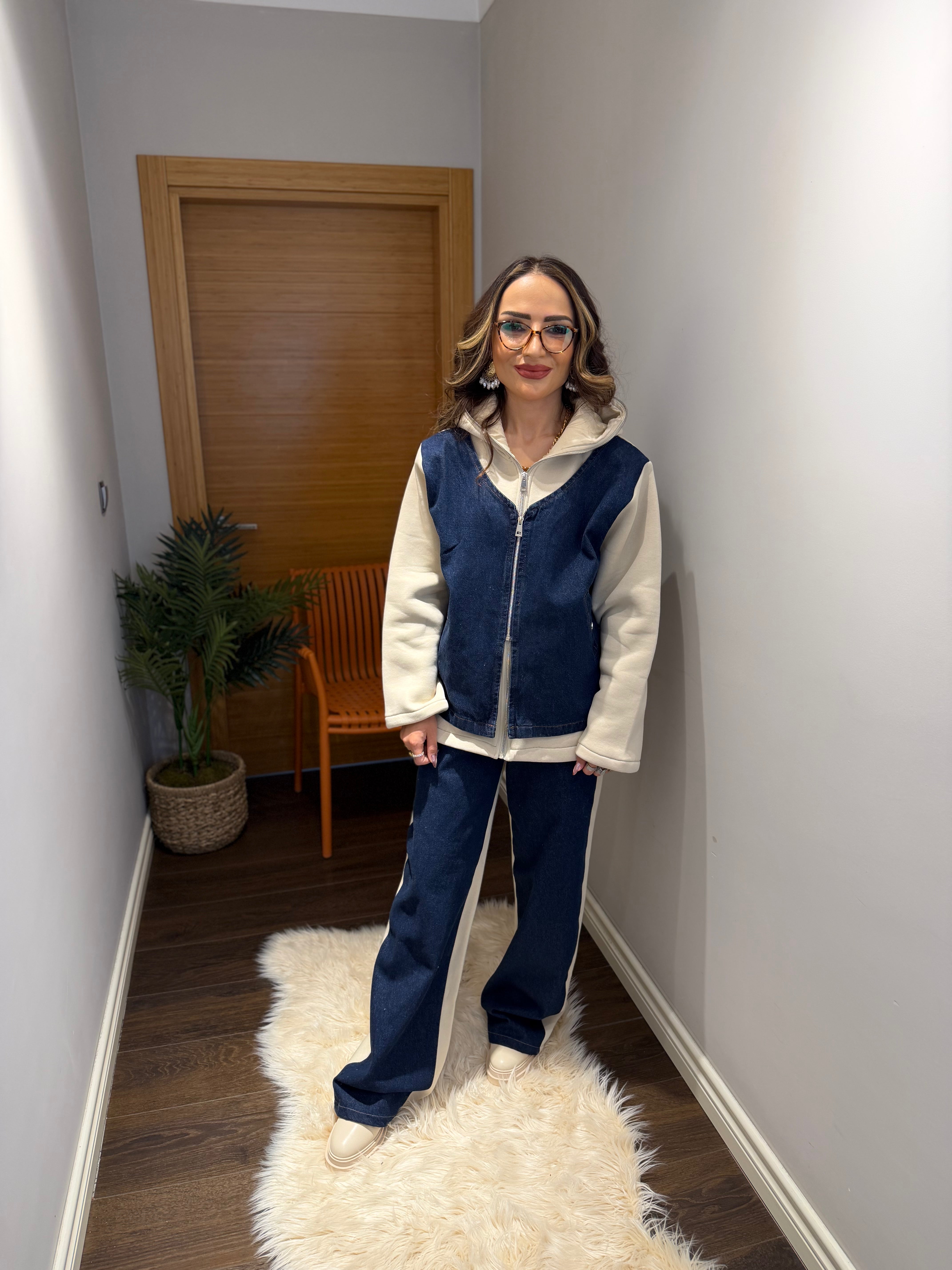👖🧥 Denim Yelek Detaylı Kapüşonlu Takım