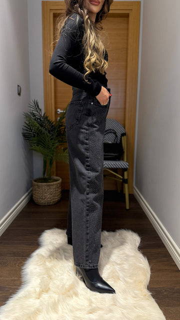 Taş detaylı jean pantolon siyah