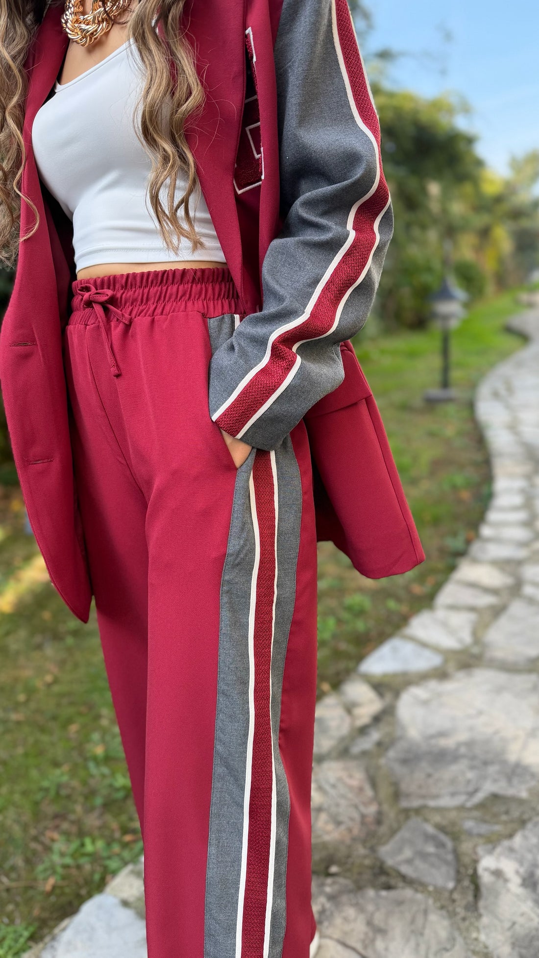 Bordo Gri Kontrast Detaylı Oversize Ceket & Bol Paça Pantolon Takım