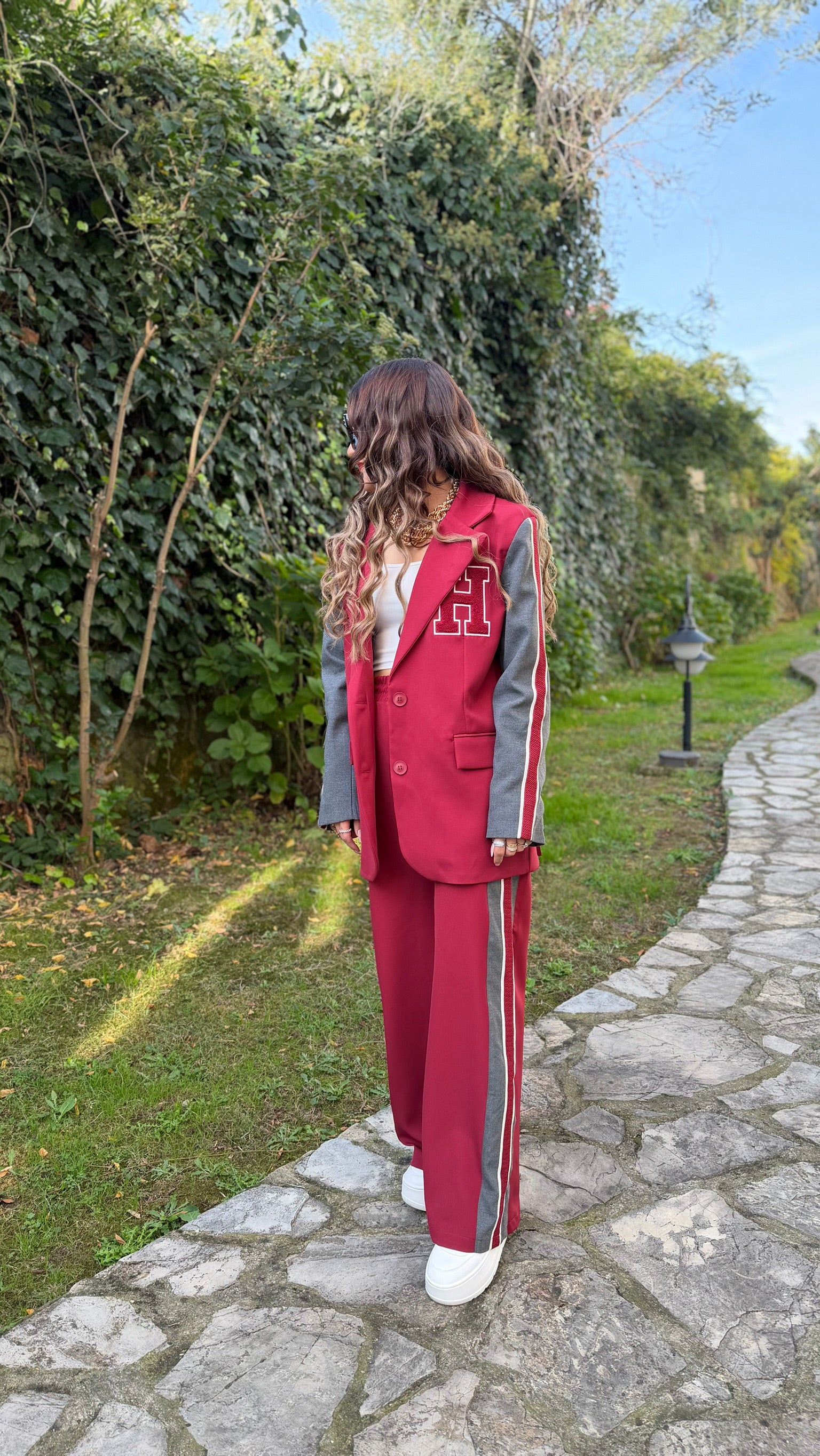Bordo Gri Kontrast Detaylı Oversize Ceket & Bol Paça Pantolon Takım