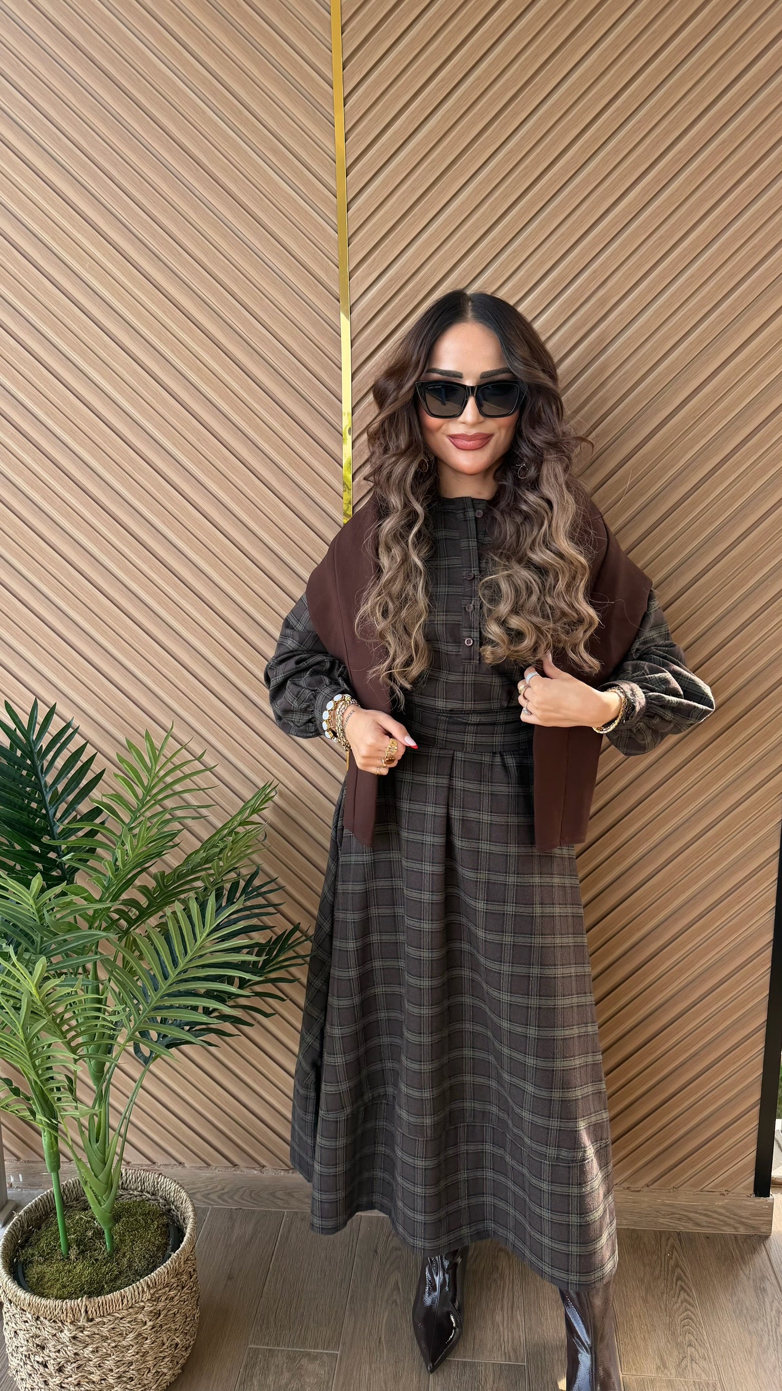 Kahverengi Ekose Desenli Uzun Elbise