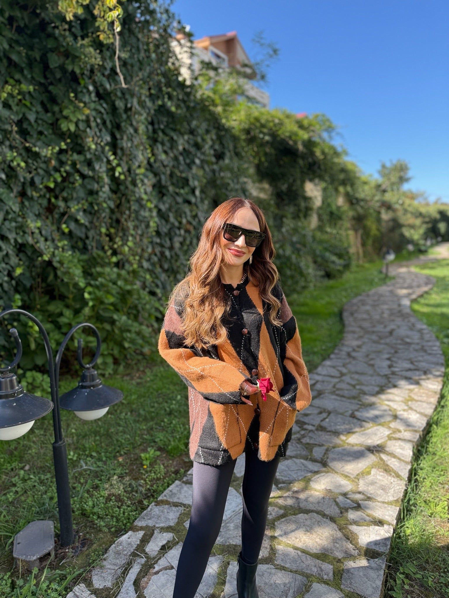 Desenli Düğmeli Oversize Triko Hırka