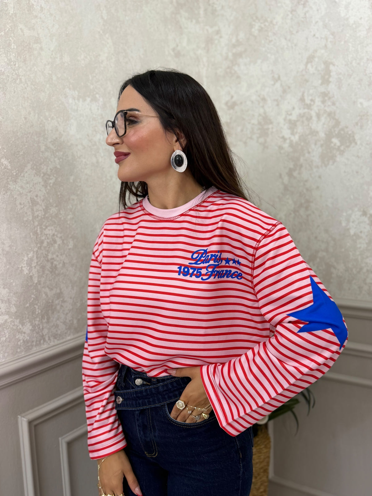 Çizgili Yıldız Detaylı Sweatshirt